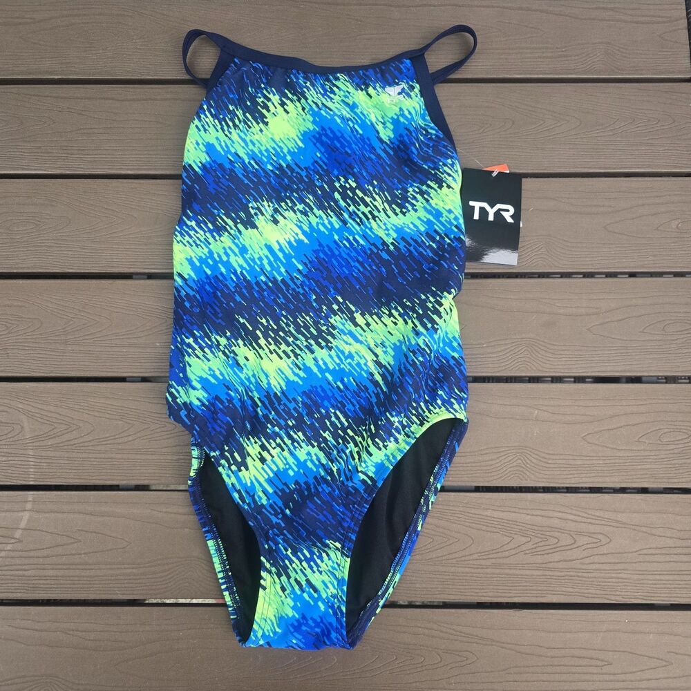 TYR Women's Durafast Elite Perseus Blue/Green 1 Pc Swimsuit DiamondFit SZ 34 NEW